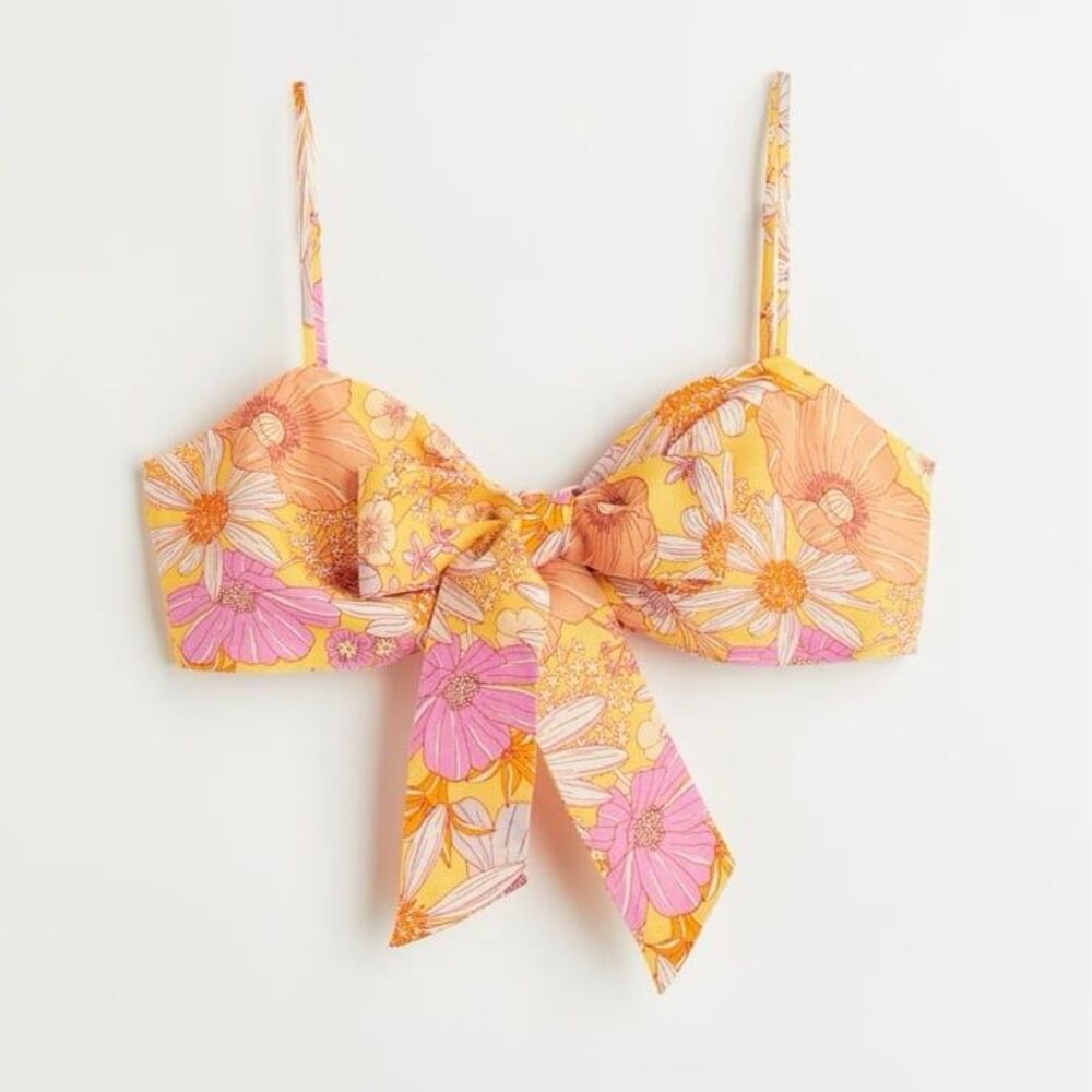 H&M Linen Blend Floral Tie Front Bow Bralette Crop Top S NWT
